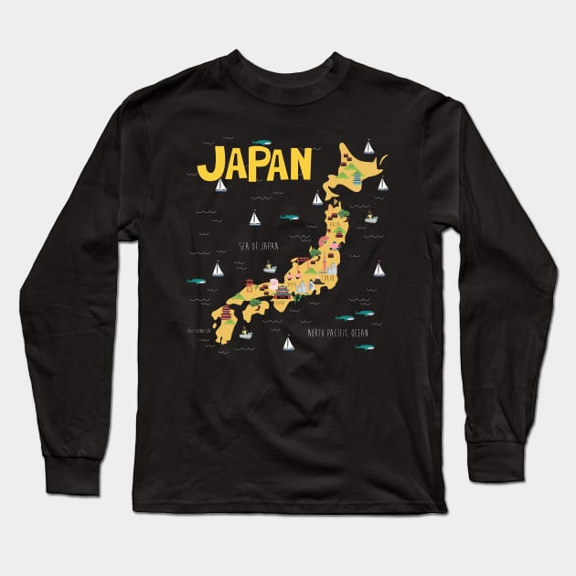 Japan Illustrated Map Long Sleeve T-Shirt by JunkyDotCom